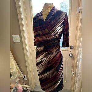 Le Chateau Striped Long Sleeve Dress - Red, Brown, Cream